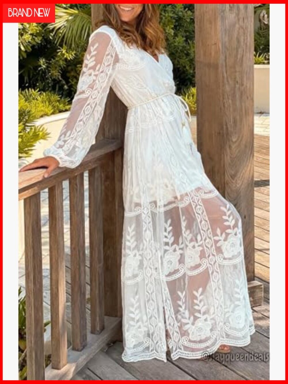 V Neck Floral Lace Maxi Wedding Dress Long Sleeve Flowy Formal Party Dress - Picture 3 of 5